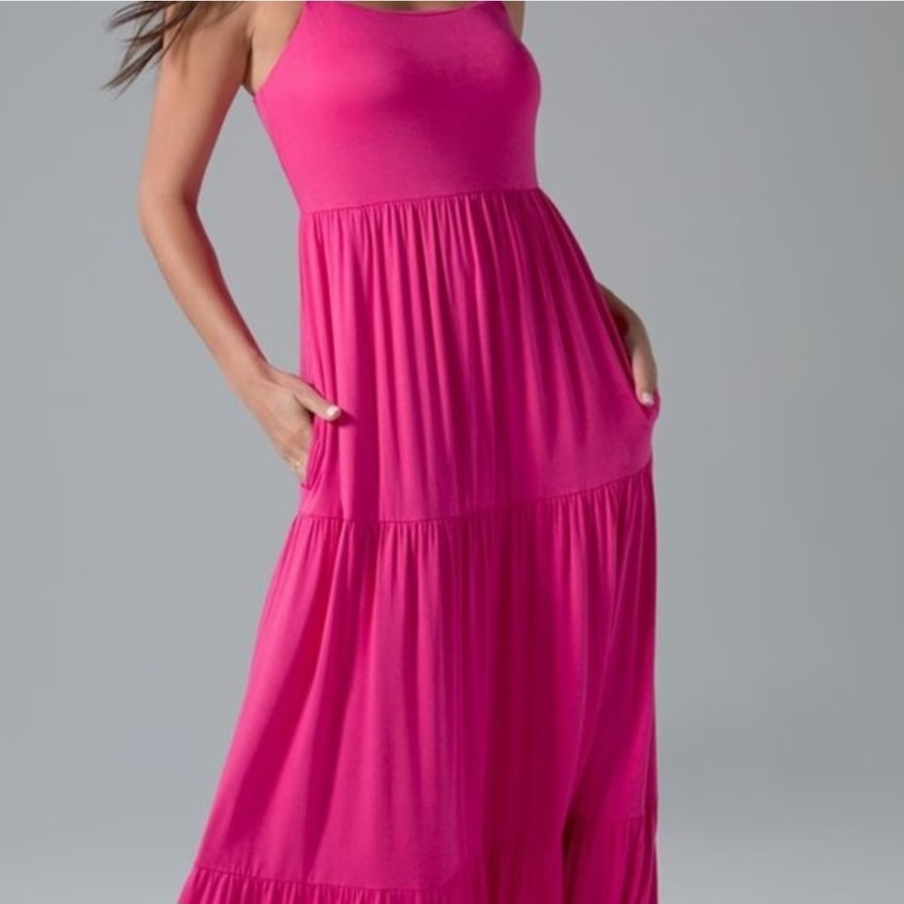 Soma Weekend Crossover Halter Soft Jersey Pink Maxi Dress Tiered Ruffle Large - Picture 3 of 11